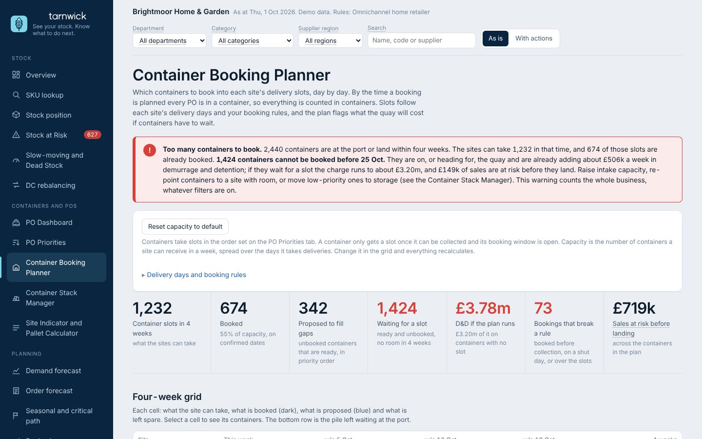 Container Booking Planner screen