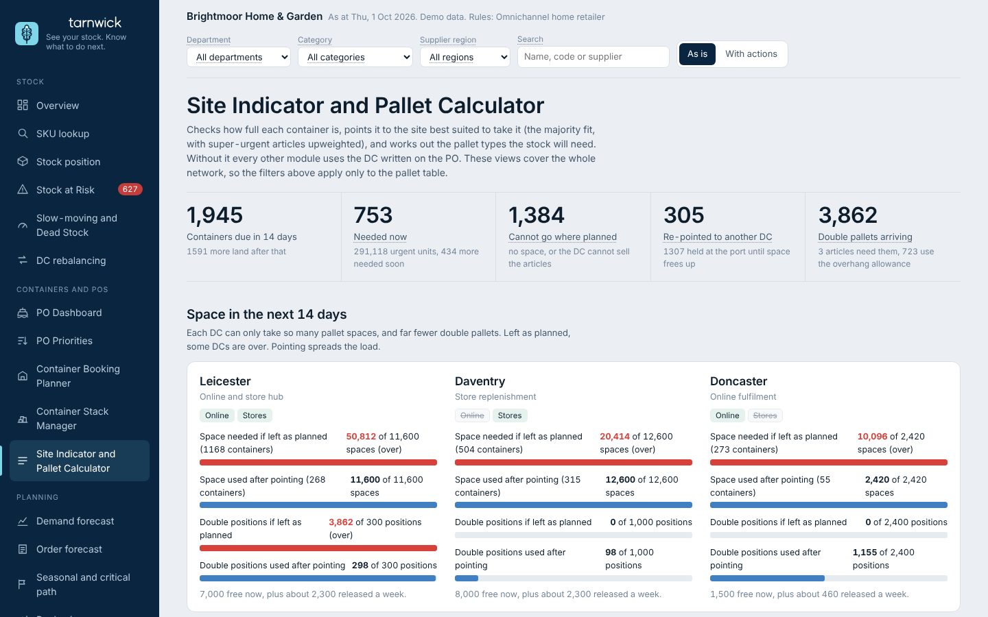 Site Indicator and Pallet Calculator screen