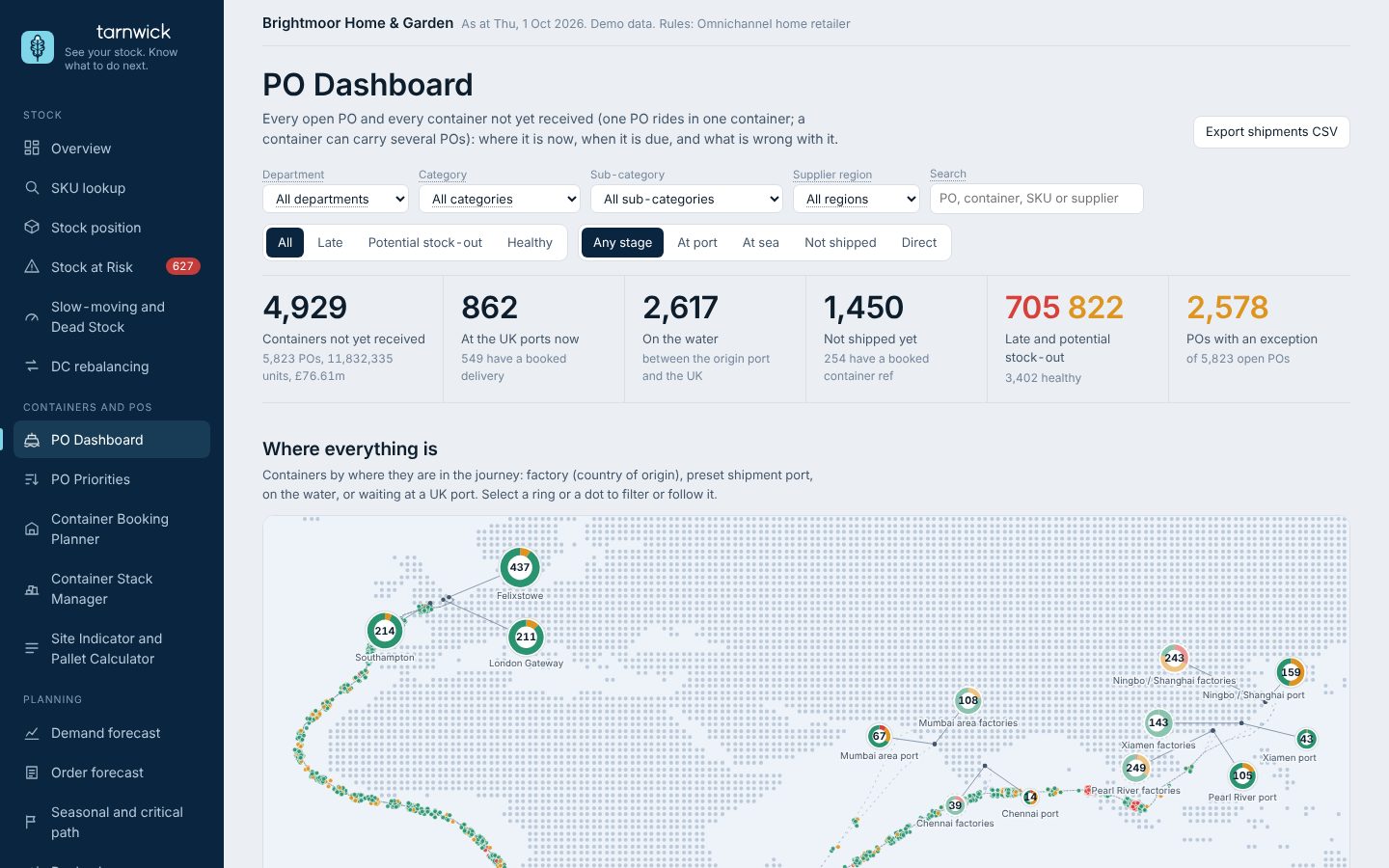 PO Dashboard with the world map of every container